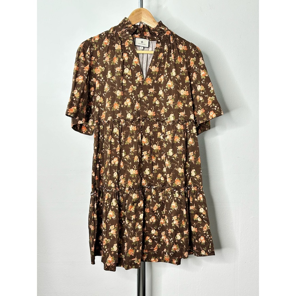 Tuckernuck Mini Dress Brown Floral Ruffle Neck Tiered Babydoll Short Sleeve M